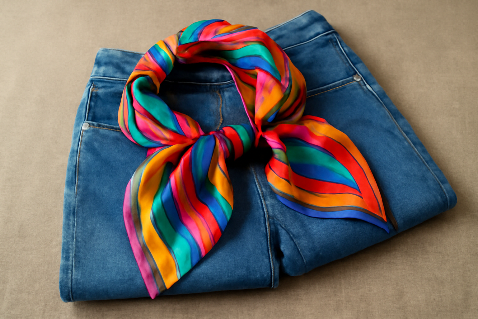 magasindemode-foulard-peps-pour-jean foulard coloré posé sur jean plié