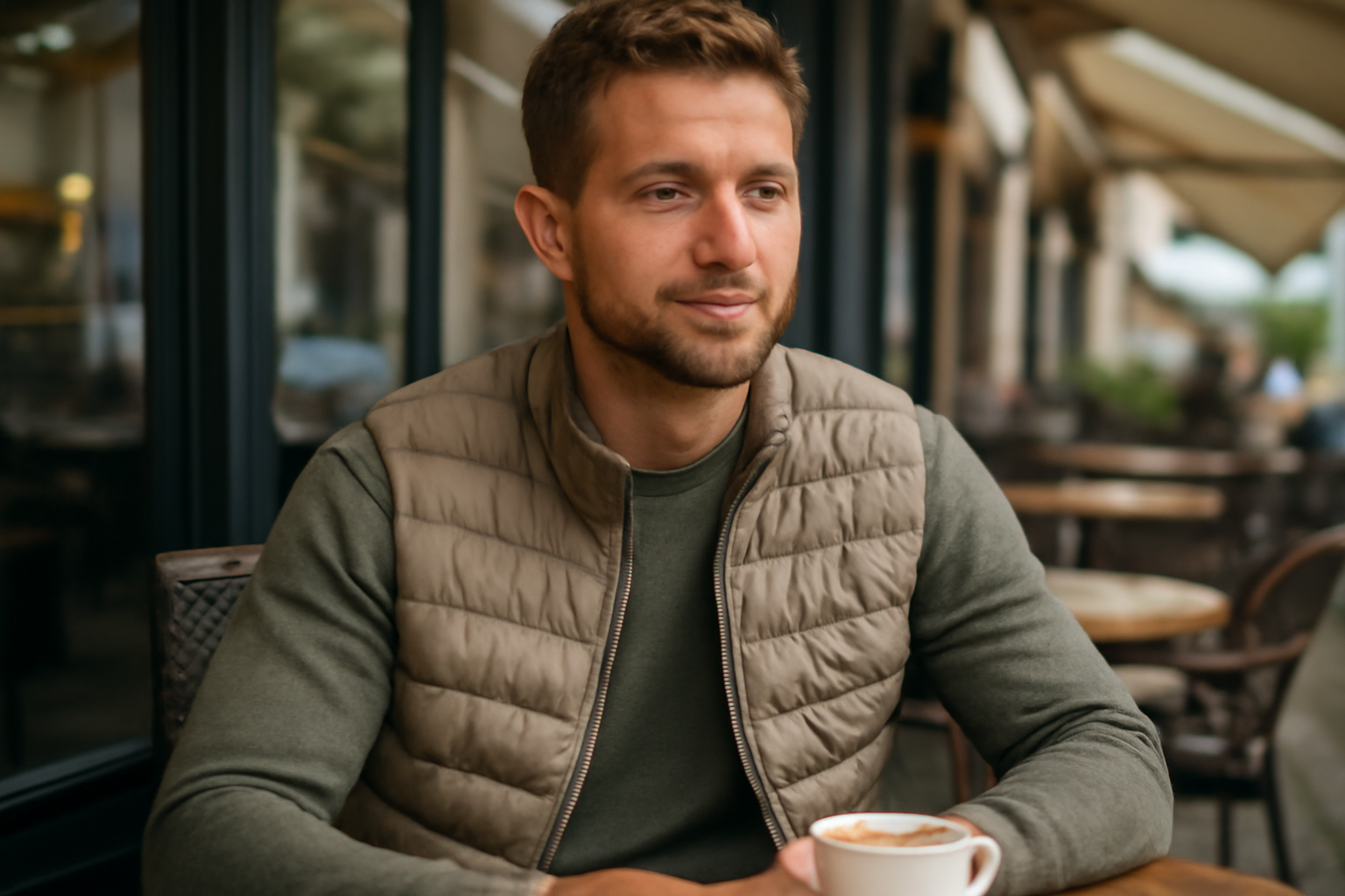 personne portant un gilet léger en terrasse