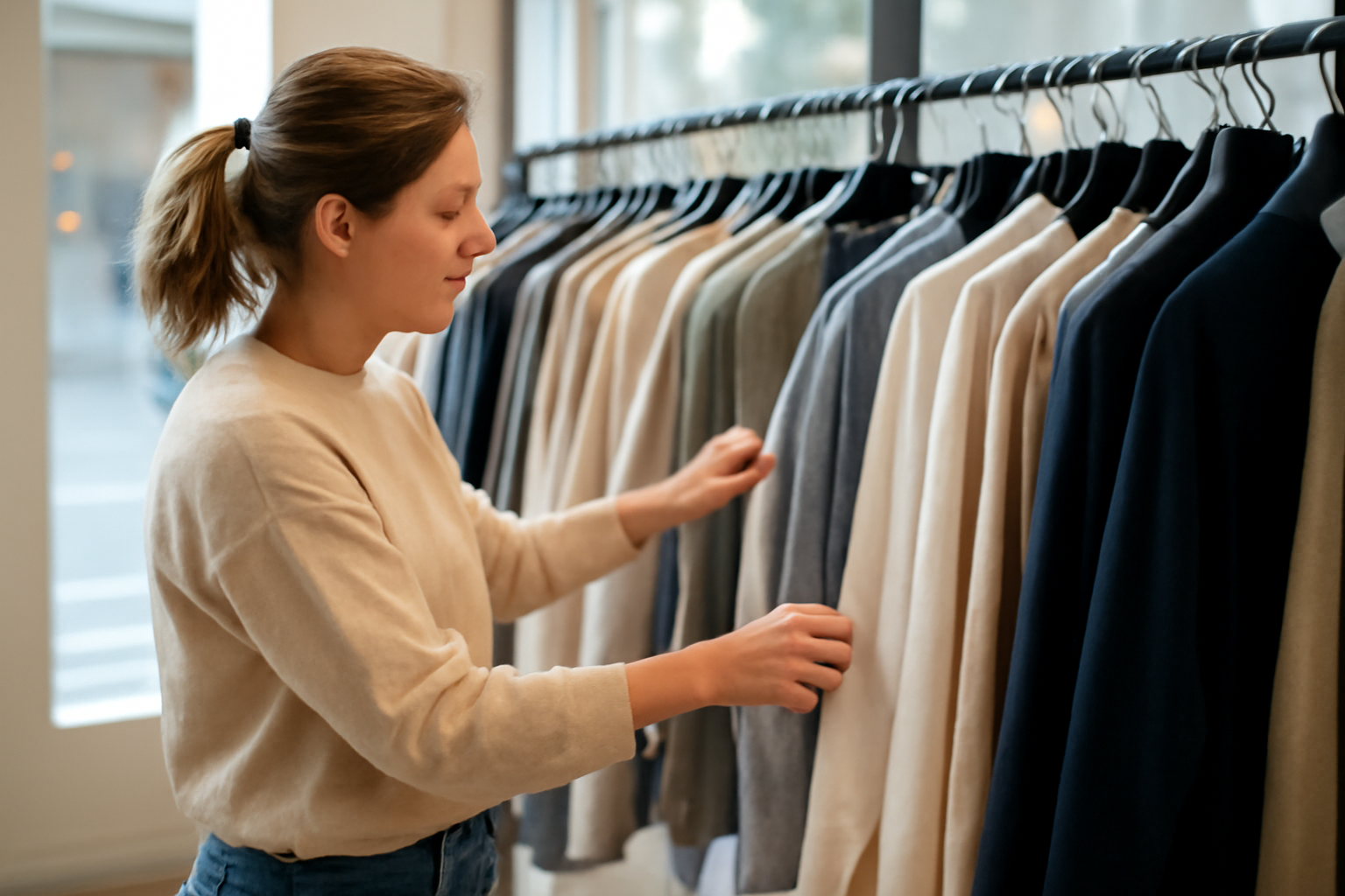 magasindemode-horaires-chiner-marche-couvert personne feuilletant vêtements en étalage matinal