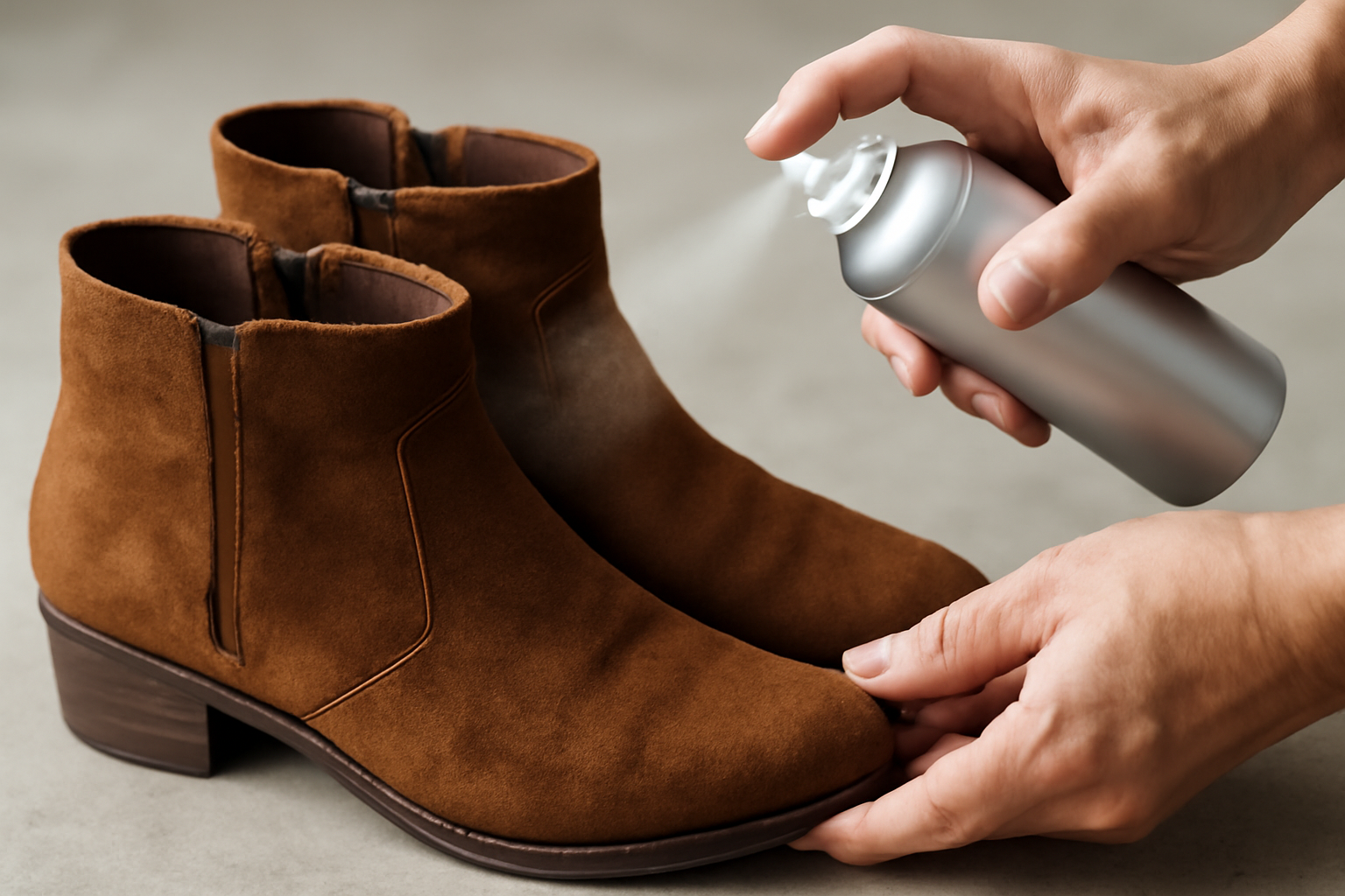 magasindemode-impermeabilisant-bottines-daim mains appliquant spray sur bottines en daim