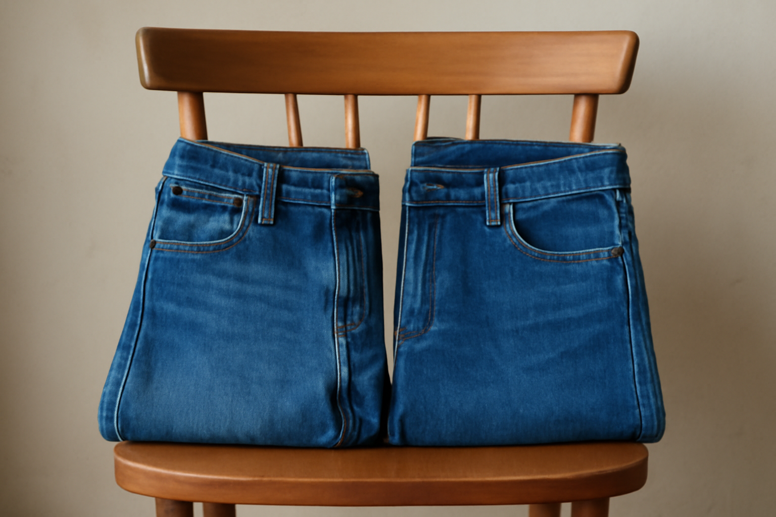 magasindemode-jean-brut-ou-delave deux jeans pliés côte à côte sur chaise