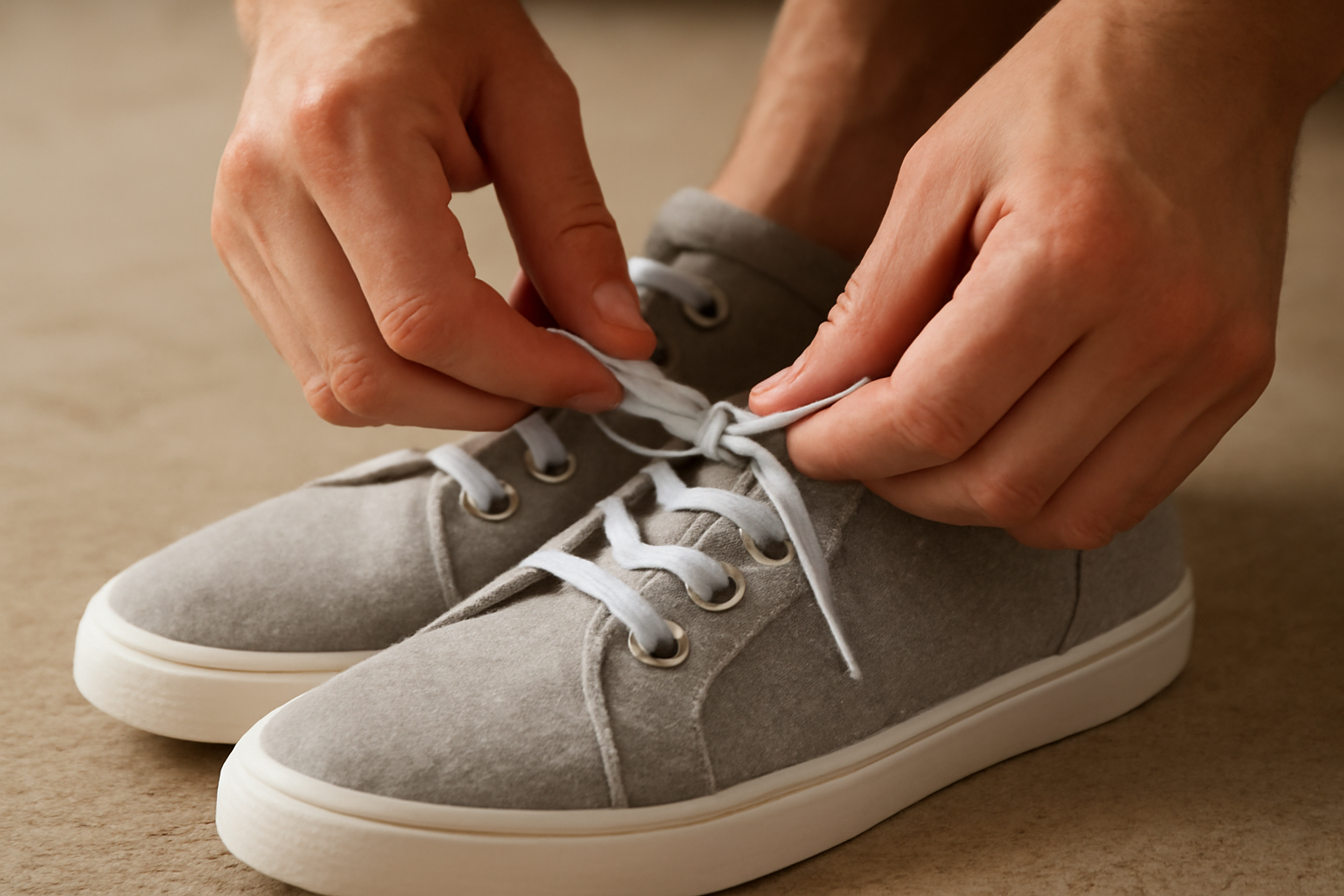 main nouant des lacets sur chaussure en tissu