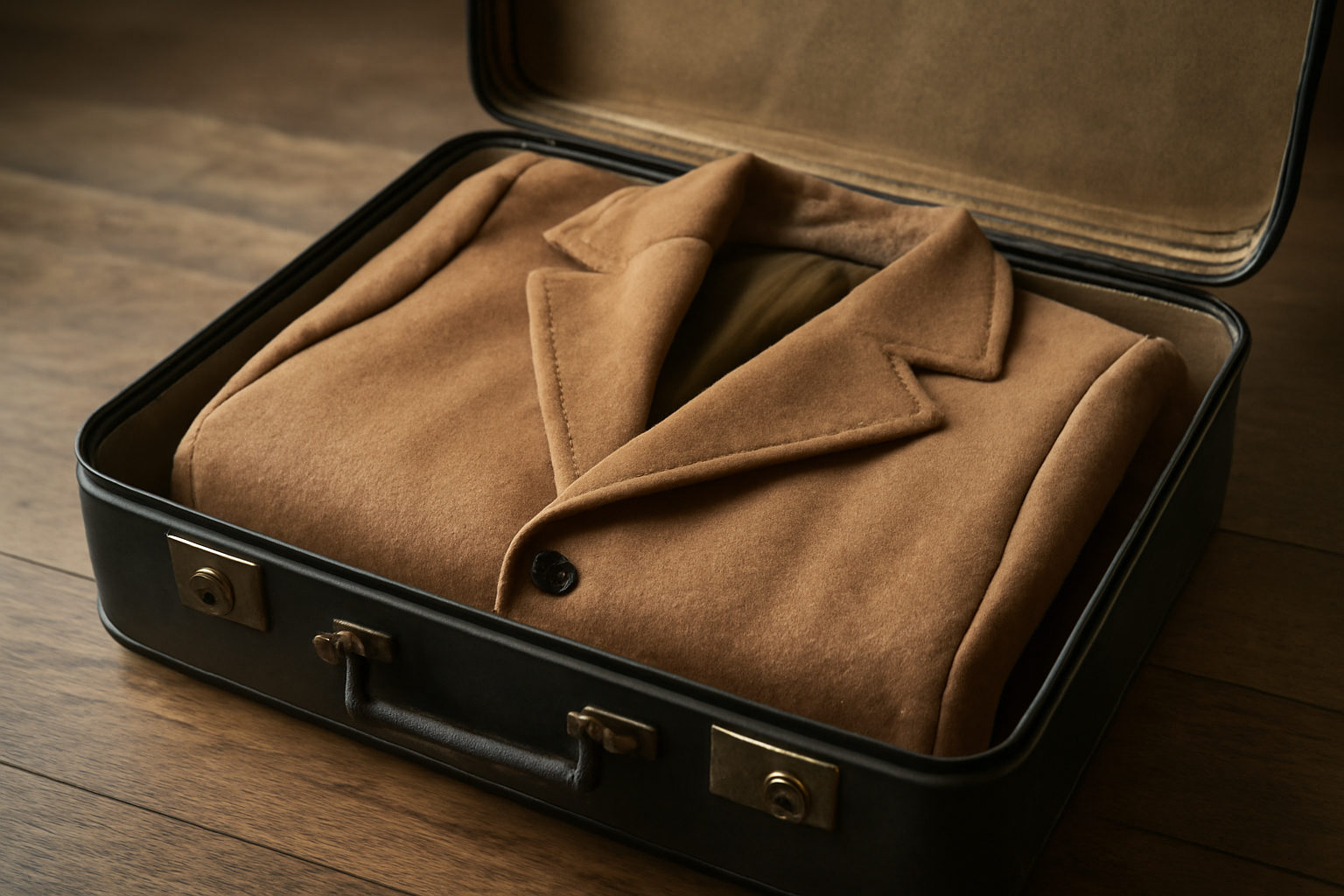 manteau plié posé sur valise ouverte