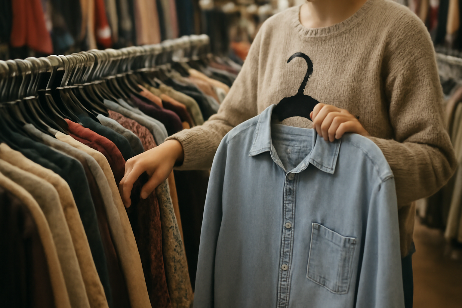 magasindemode-neuf-vs-seconde-main-basiques personne feuilletant vêtements d'occasion en boutique