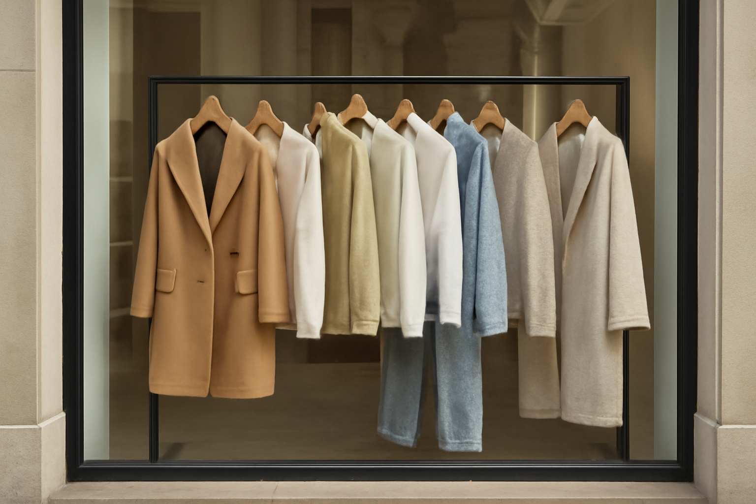 magasindemode-new-look-collection-saison vitrine boutique avec vêtements sur cintres
