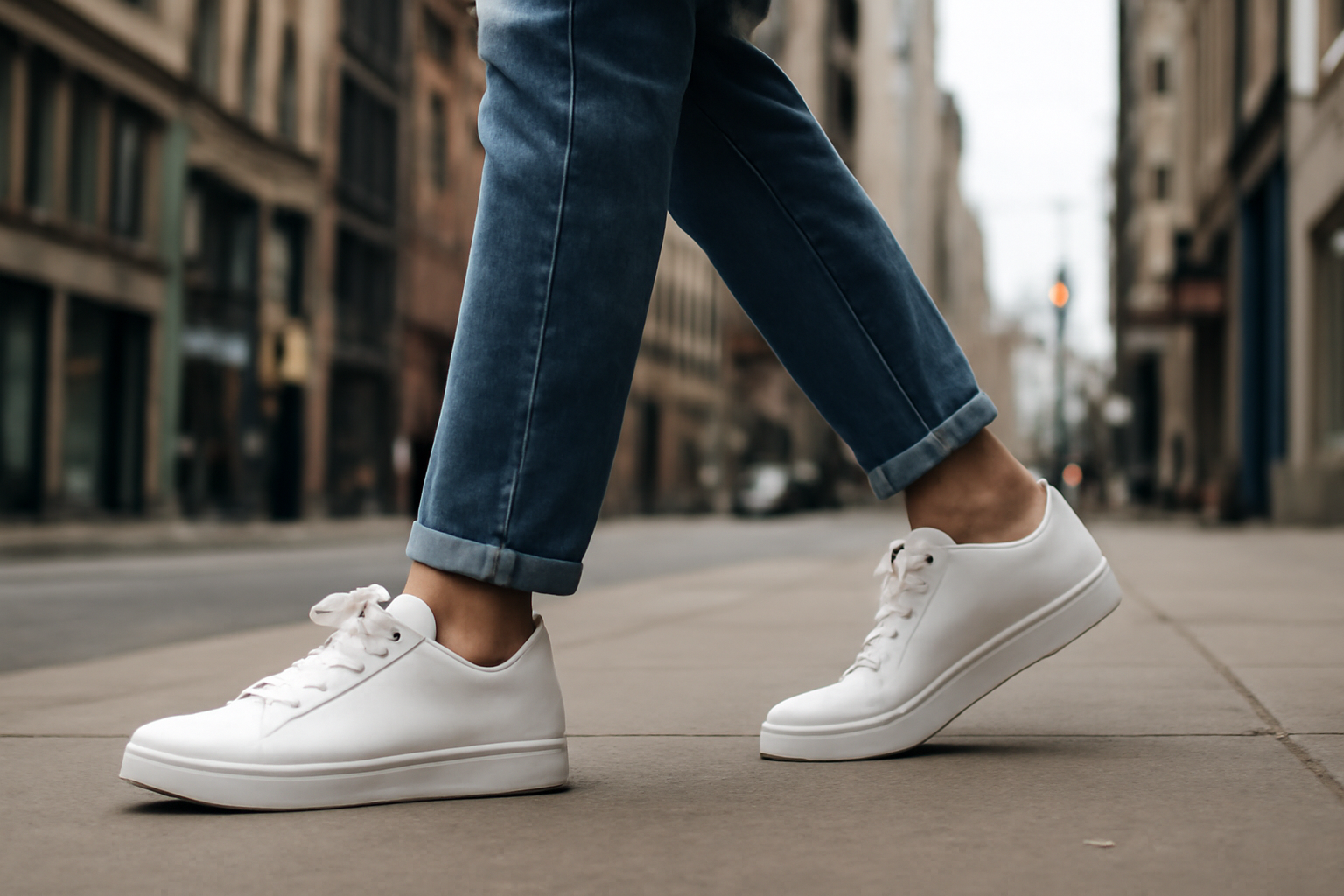 personne marchant en baskets blanches en ville