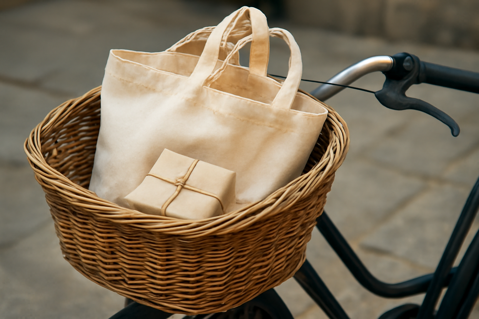 panier vélo contenant un tote et petits paquets