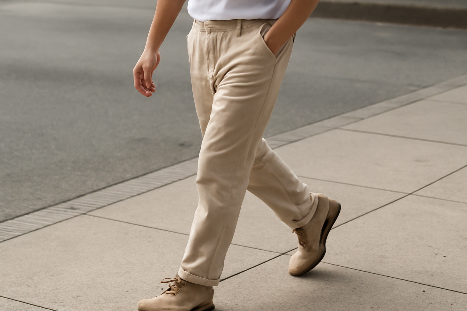 magasindemode-pantalon-ete-ville personne marchant en pantalon léger sur trottoir