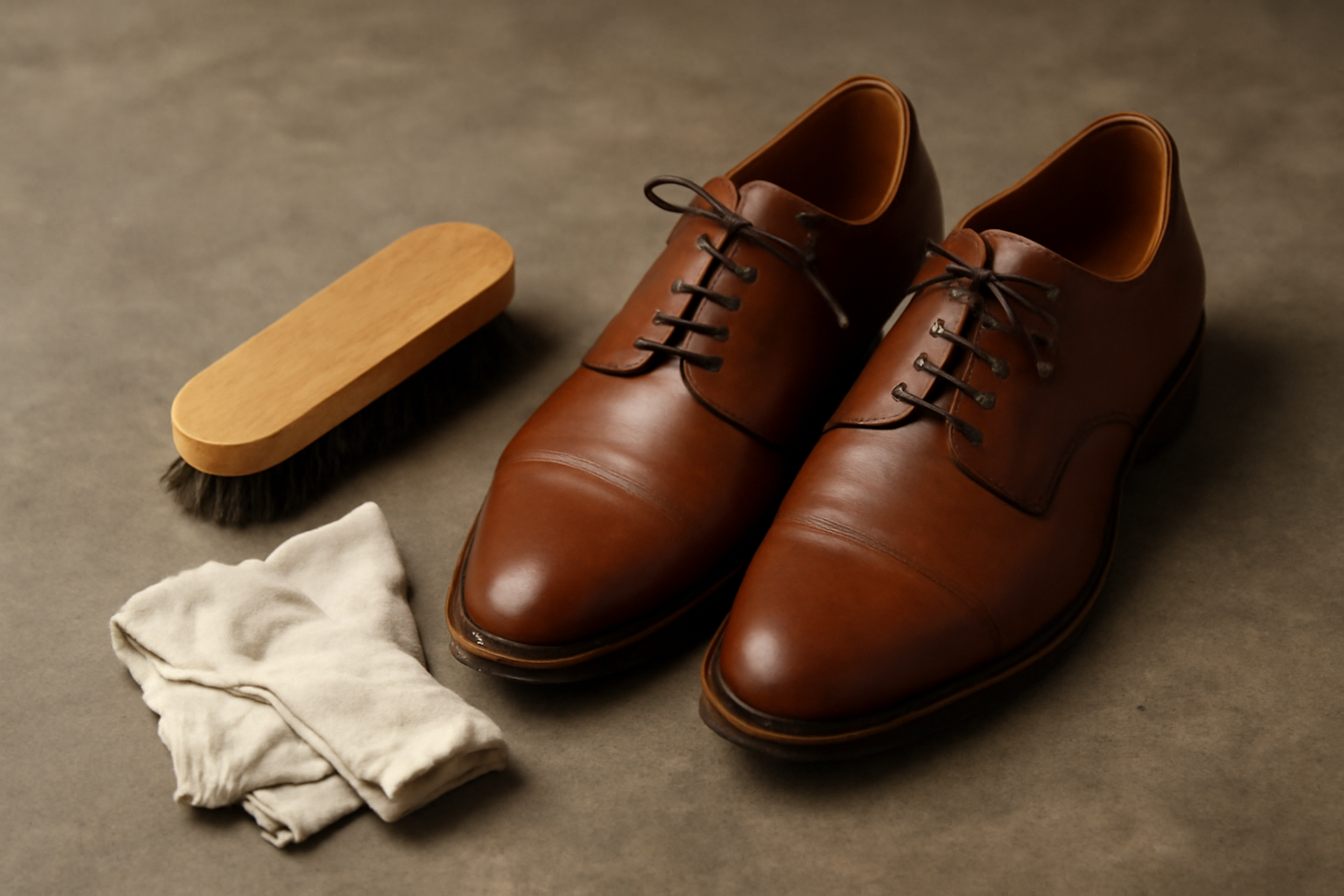 magasindemode-ranger-outils-entretien-chaussures-cuir brosse et chiffon à côté de chaussures en cuir