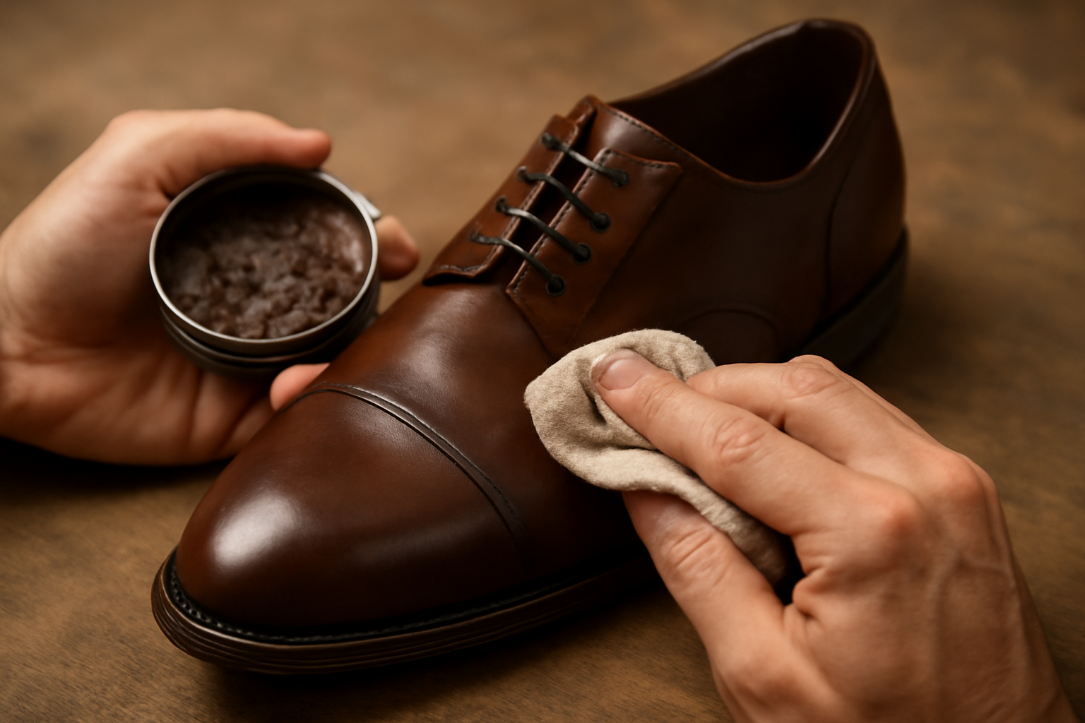 magasindemode-reparer-eraflure-cuir-rapide mains appliquant cire sur chaussure en cuir