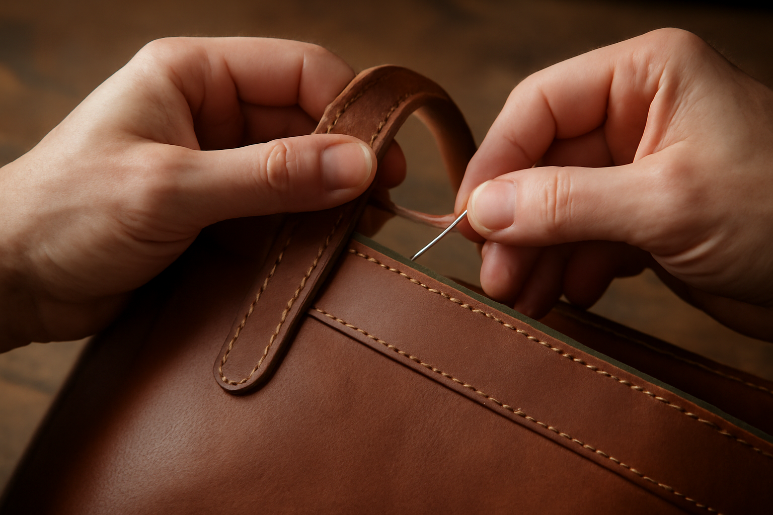 magasindemode-reparer-sac-cuir-local mains cousant une anse de sac en cuir