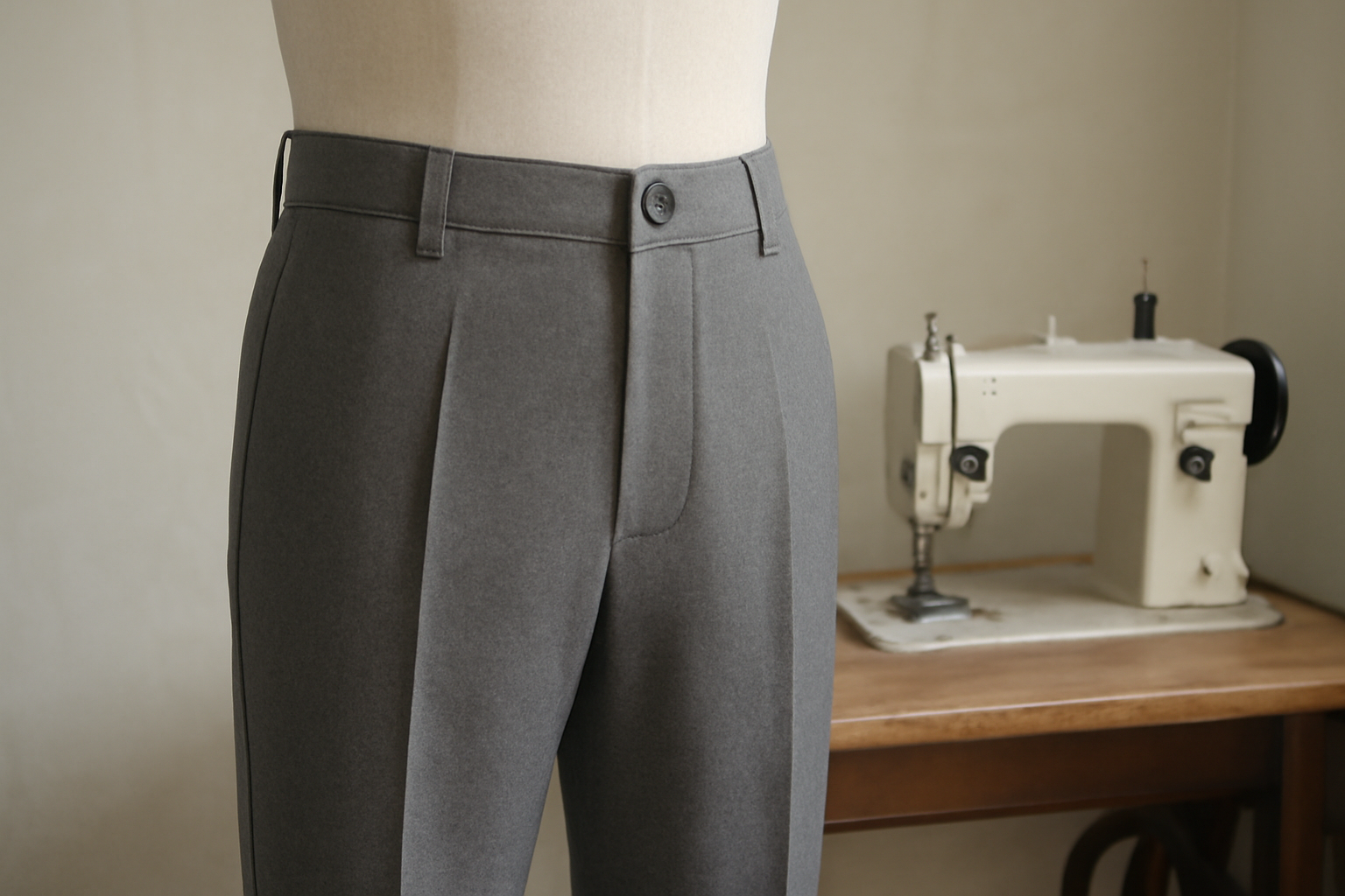 magasindemode-retouche-ourlet-rapide pantalon sur mannequin et machine à coudre en arrière-plan