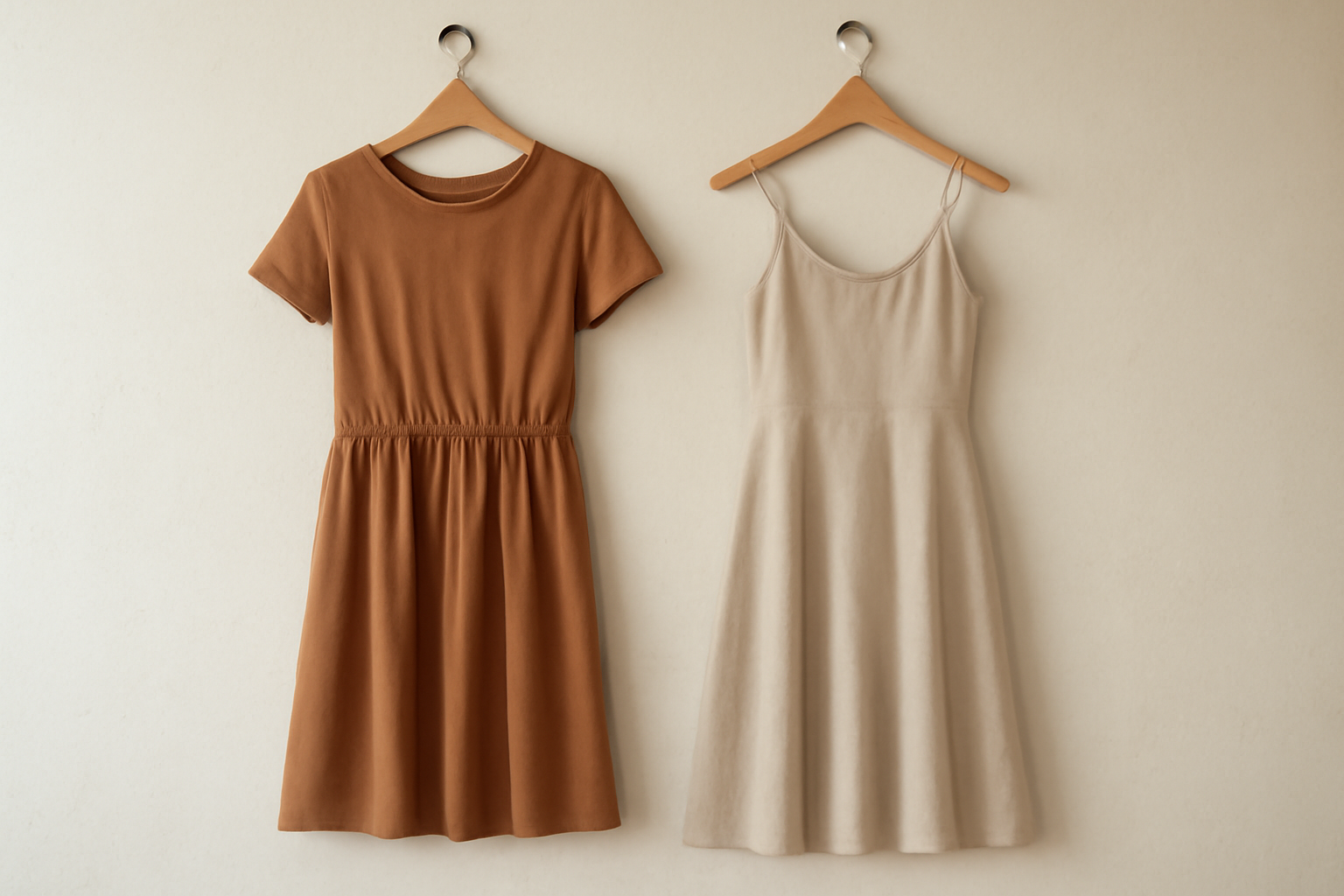 magasindemode-robe-midi-ou-courte-mariage-ete deux robes suspendues, une midi et une courte