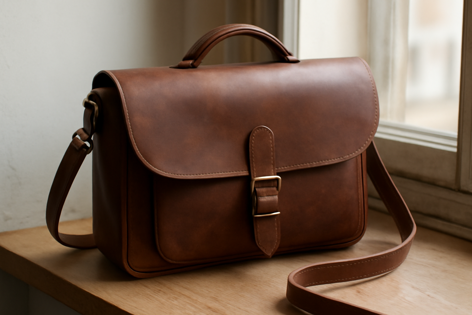 magasindemode-sac-cuir-perte-couleur sac en cuir posé près d'une fenêtre lumineuse