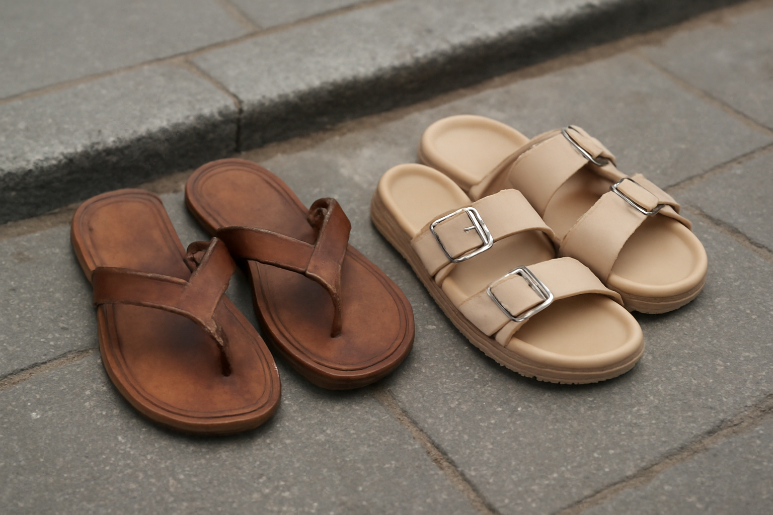 magasindemode-sandales-ou-mules-ete-ville deux paires de sandales posées sur trottoir