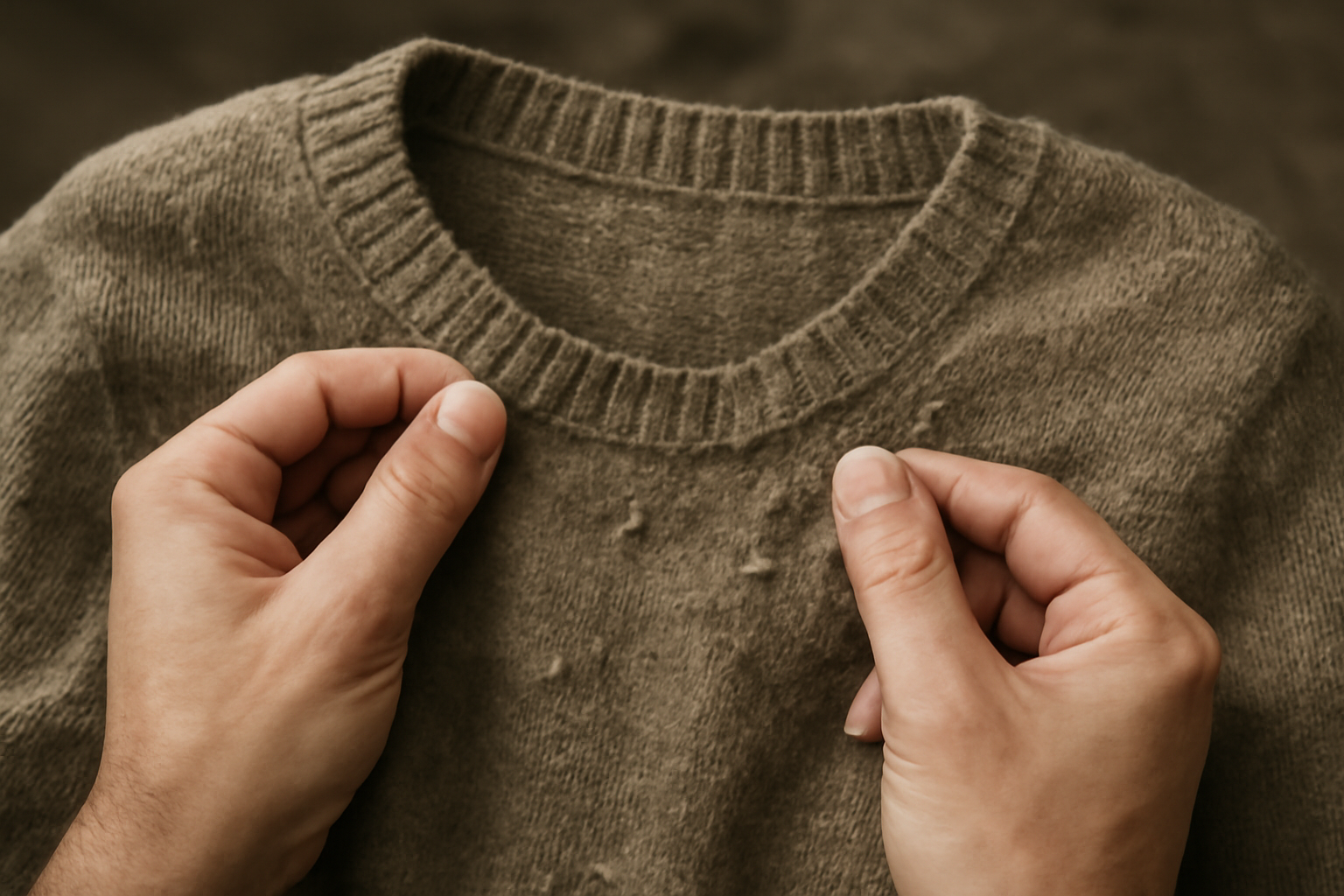 magasindemode-sauver-tricots-fibres mains examinant un pull en laine usé