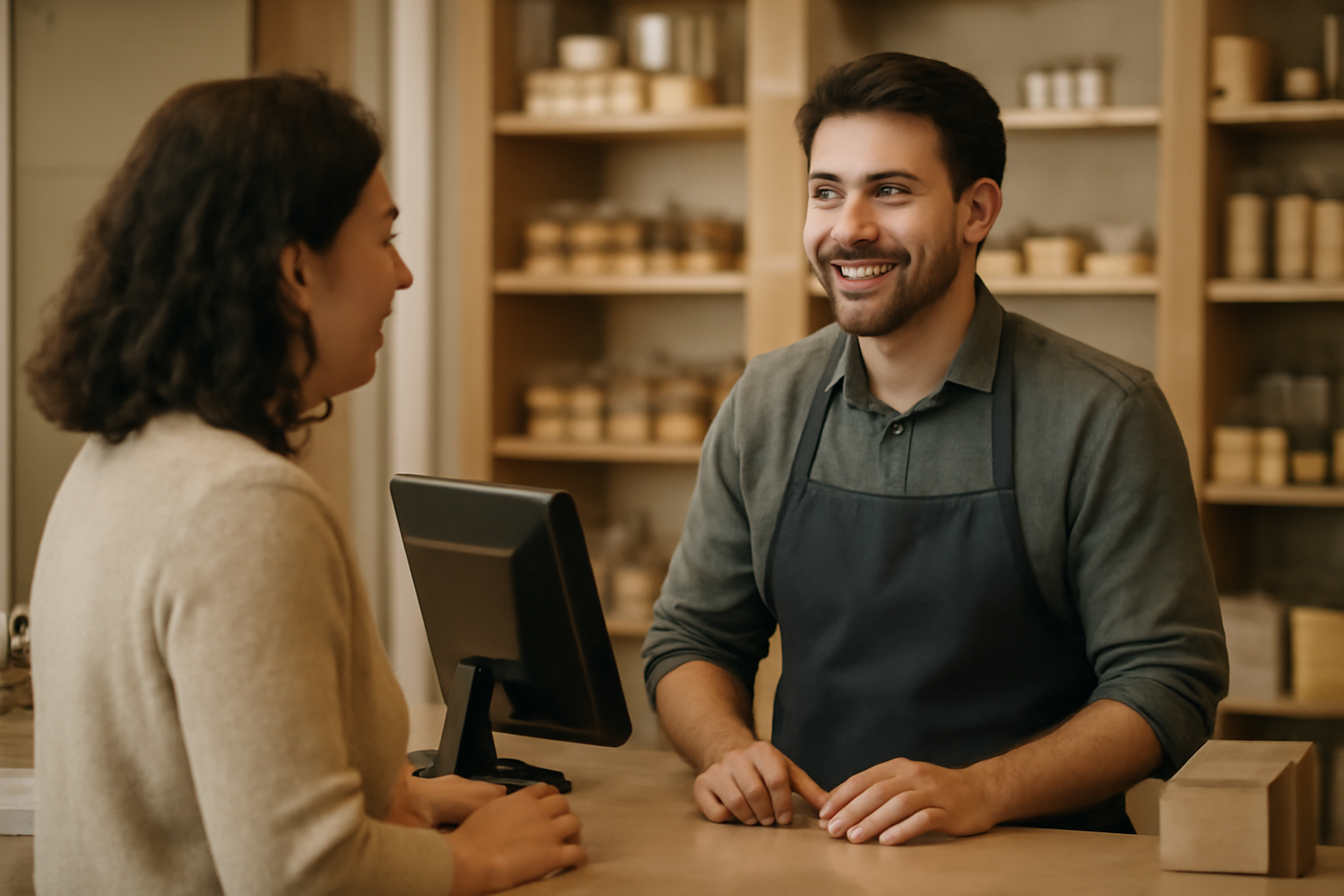 magasindemode-service-client-echange-rapide personne discutant avec vendeur au comptoir
