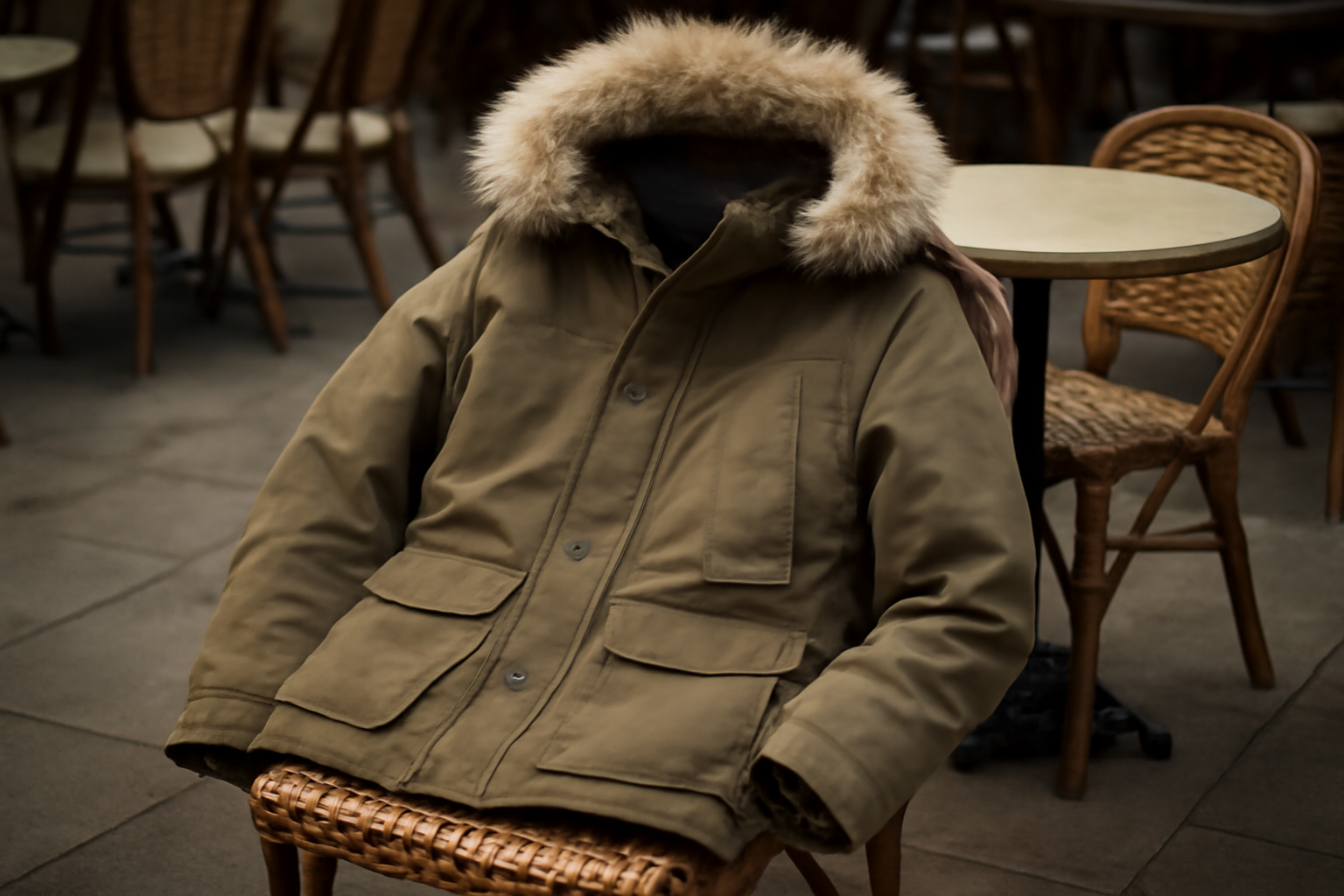magasindemode-superdry-parka-urbaine parka posée sur chaises en terrasse