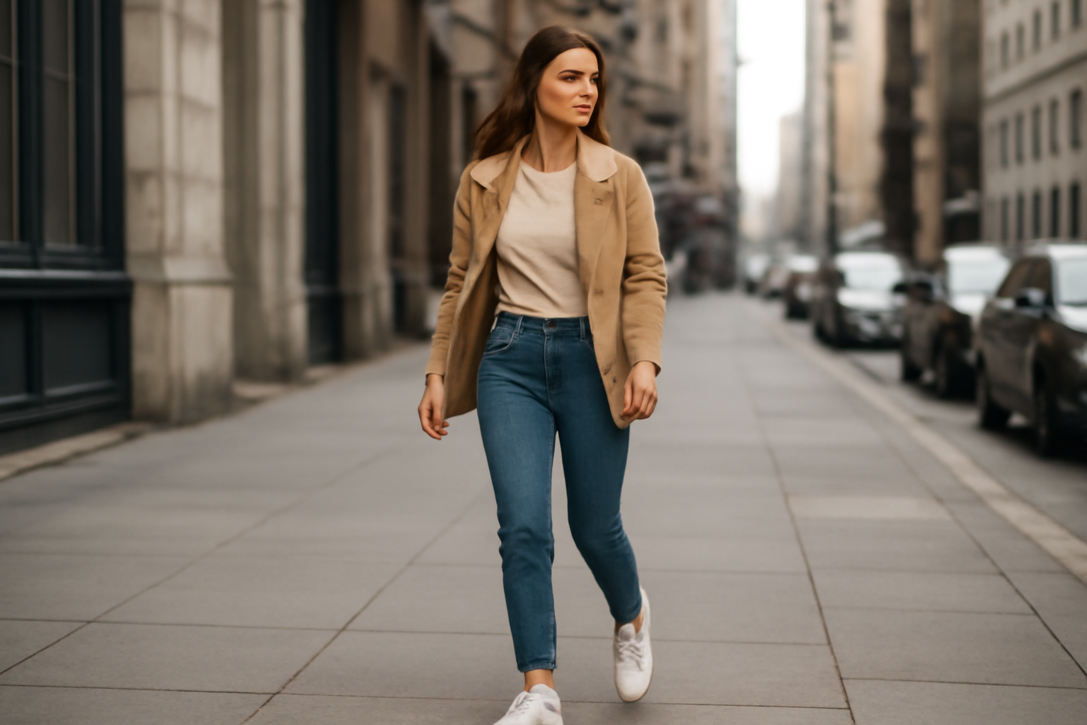 magasindemode-tenue-balade-printemps femme marchant en baskets blanches en ville