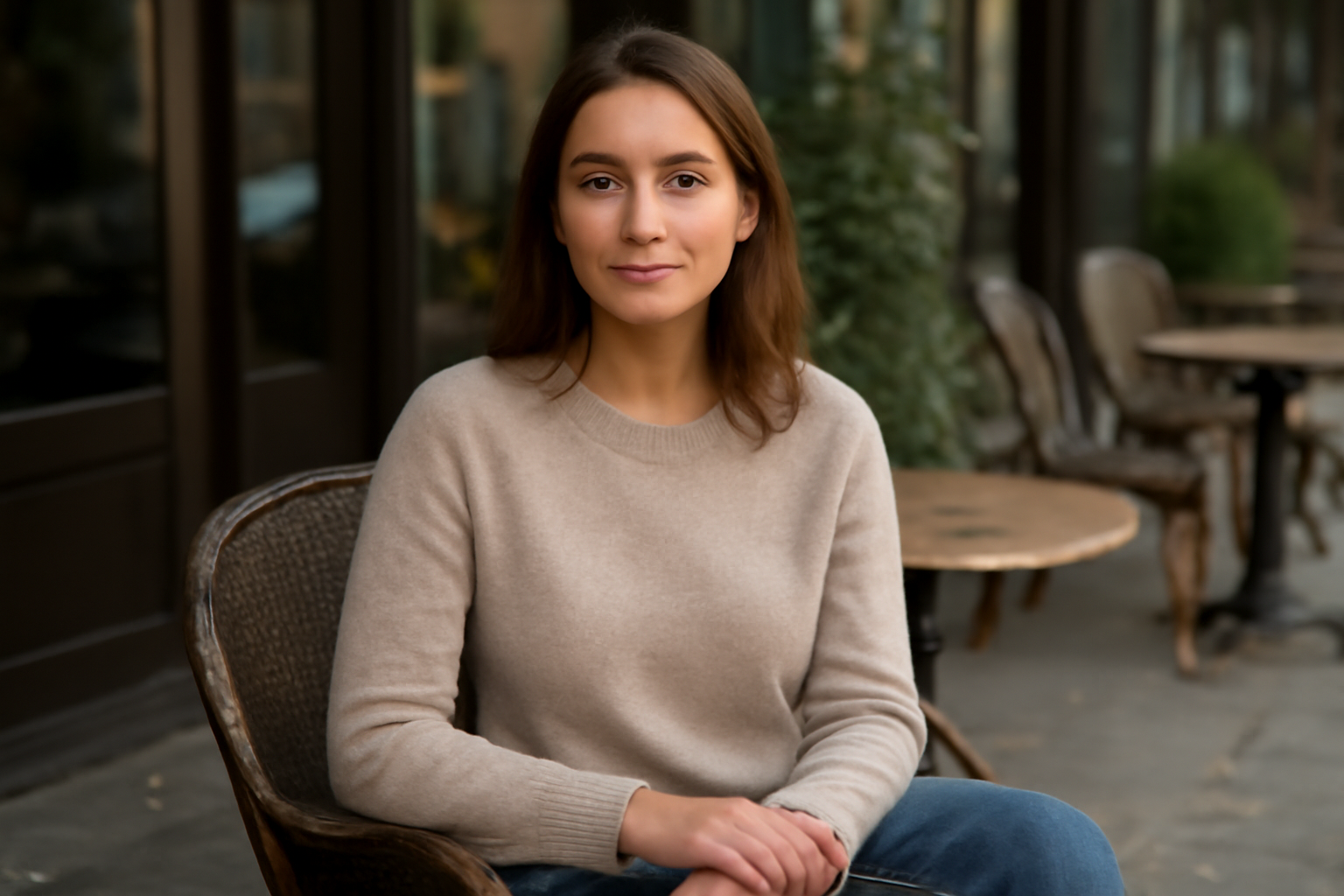 magasindemode-tenue-brunch-automne femme assise terrasse avec pull léger