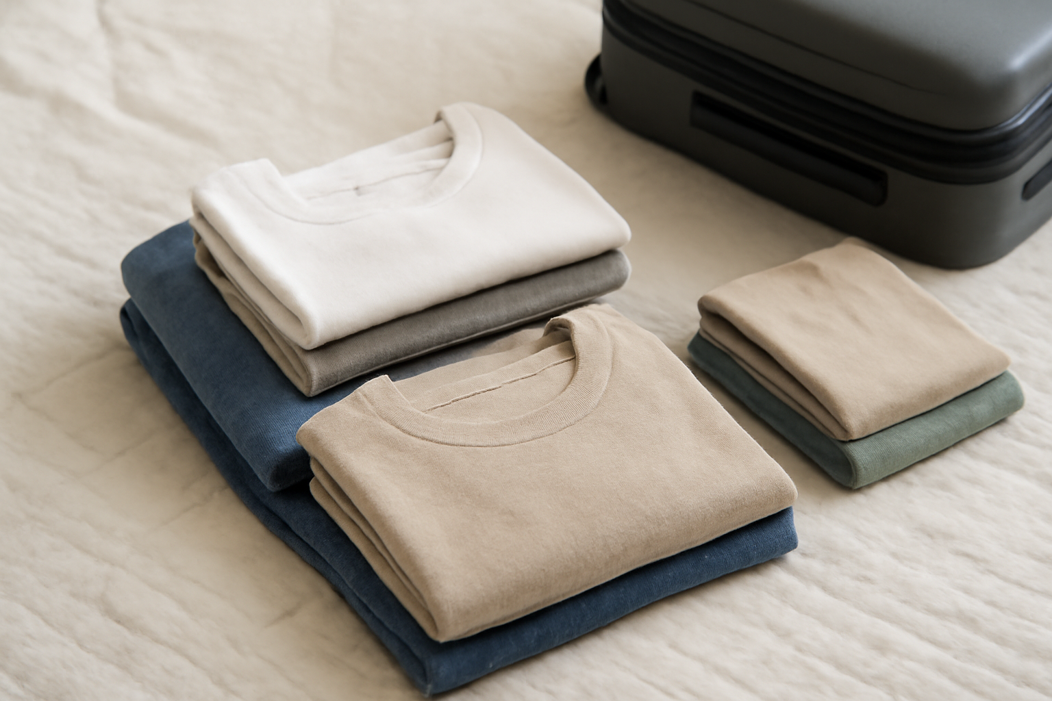 magasindemode-tenues-weekend-citadin ensemble plié sur lit prêt pour valise