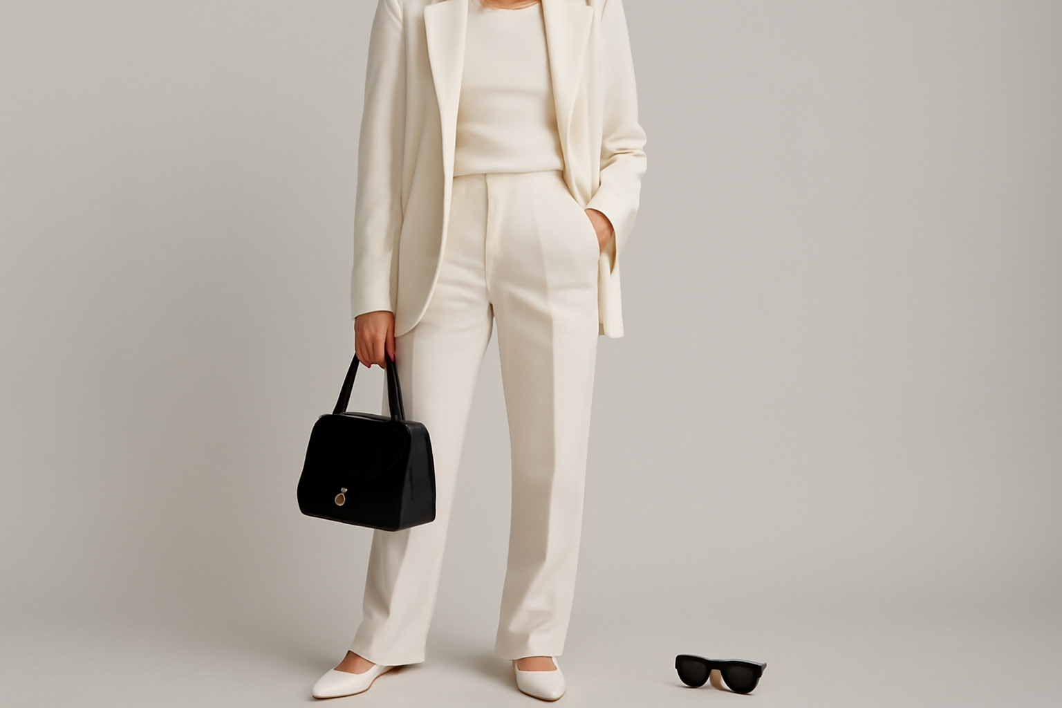 tenue monochrome posée avec accessoires contrastés