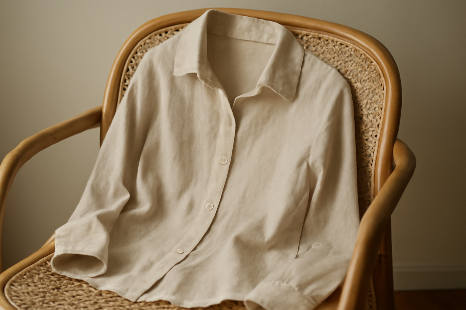 magasindemode-tissu-chemise-respirant chemise légère posée sur chaise en rotin