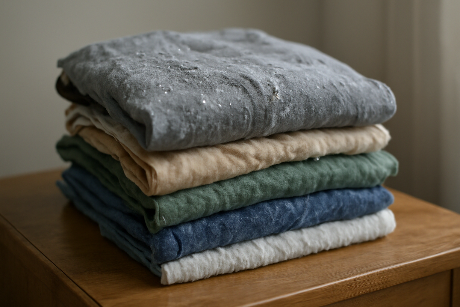 magasindemode-tissus-tenue-apres-lavage pile de vêtements humides sur un meuble