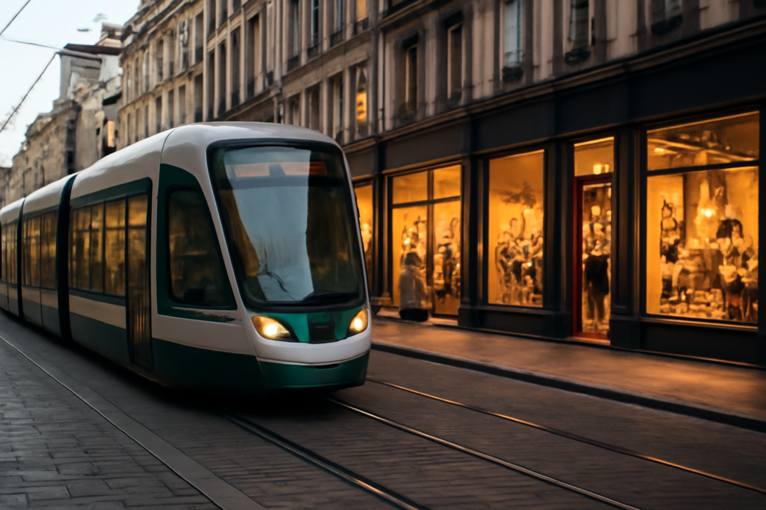 magasindemode-tram-rues-commercantes tram roulant devant boutiques animées