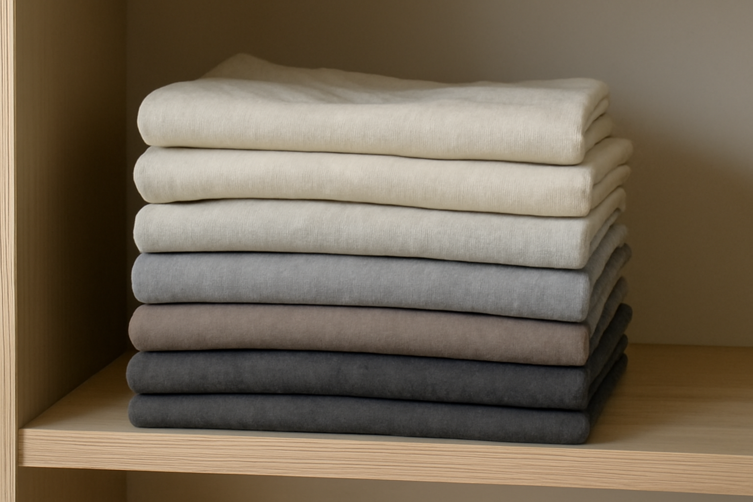 magasindemode-tshirt-minimal-durable plis de t-shirts neutres empilés sur étagère