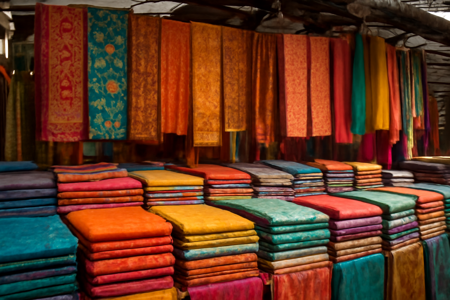 magasindemode-vendeurs-textiles-marche-central étals de tissus colorés au marché