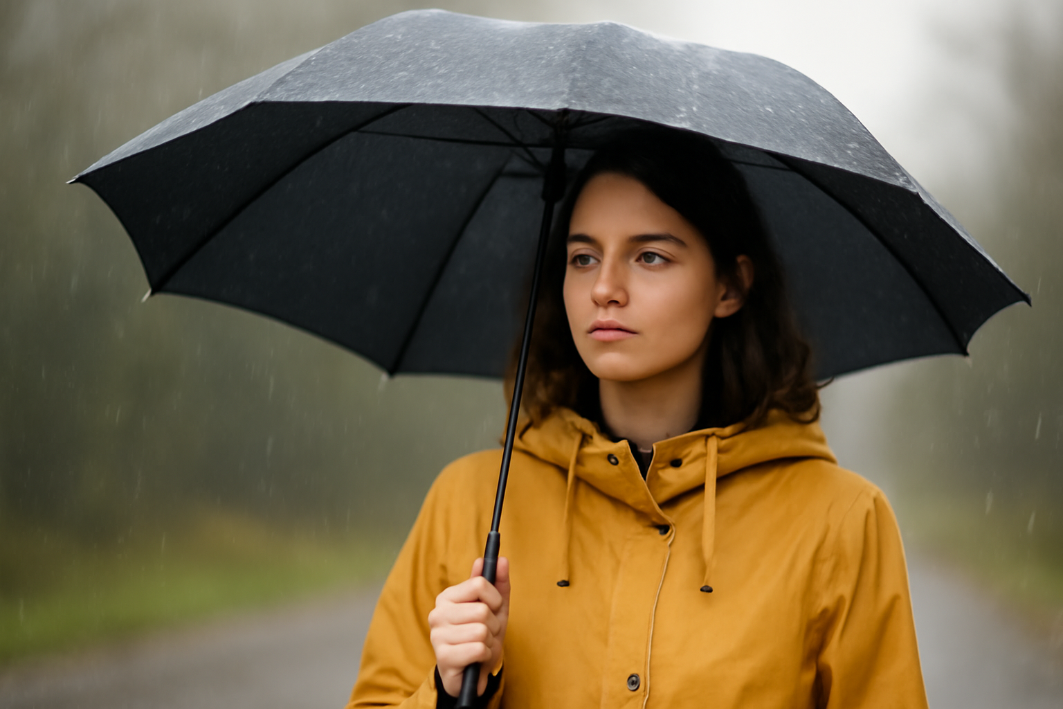 femme sous parapluie en veste imperméable