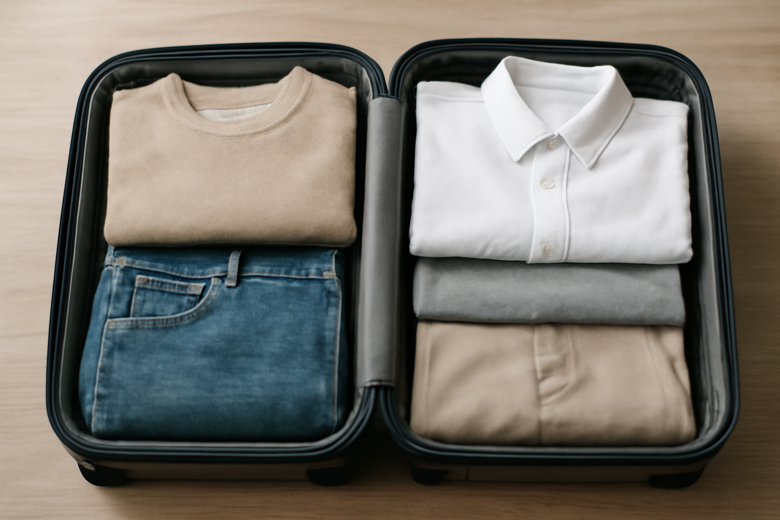 magasindemode-vestiaire-voyage-cinq-jours valise ouverte avec tenues pliées soigneusement