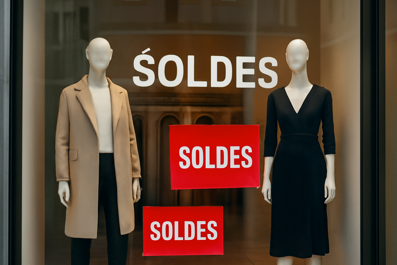 magasindemode-vitrines-changent-pendants-soldes vitrine avec etiquettes soldes et mannequins