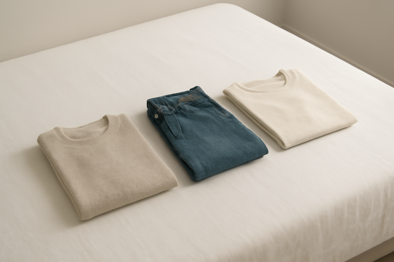 magasindemode-weekend-stylé-minimal trois tenues pliées sur lit minimaliste