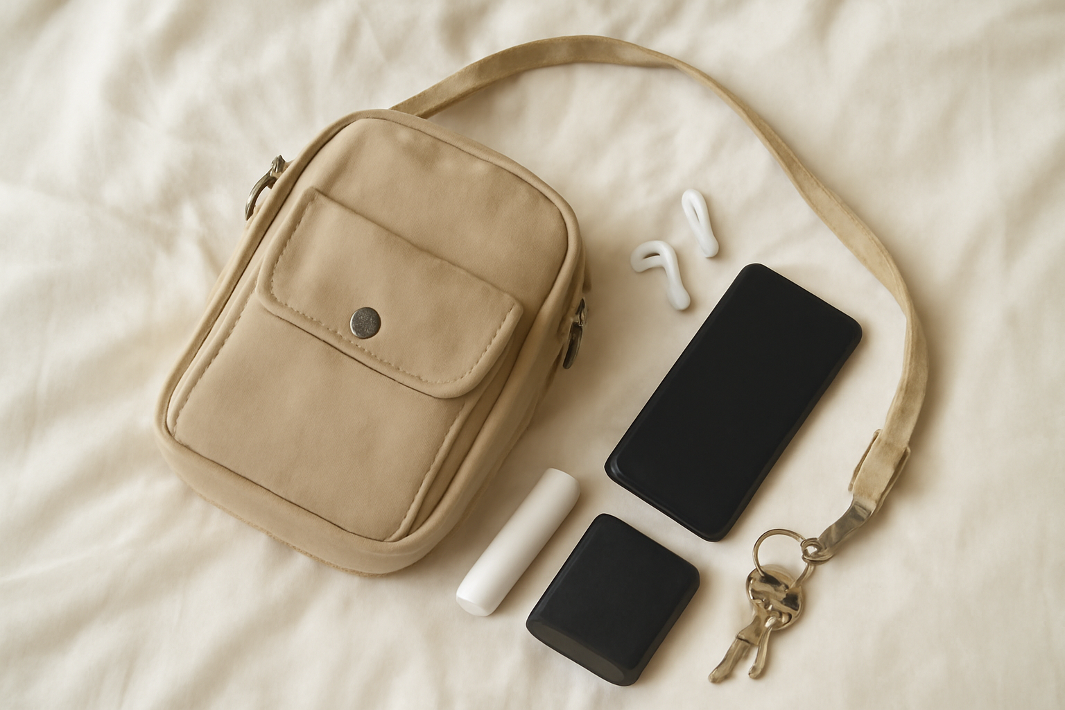magasindemode-accessoires-weekend-minimaliste petit sac avec essentiels disposés sur un lit