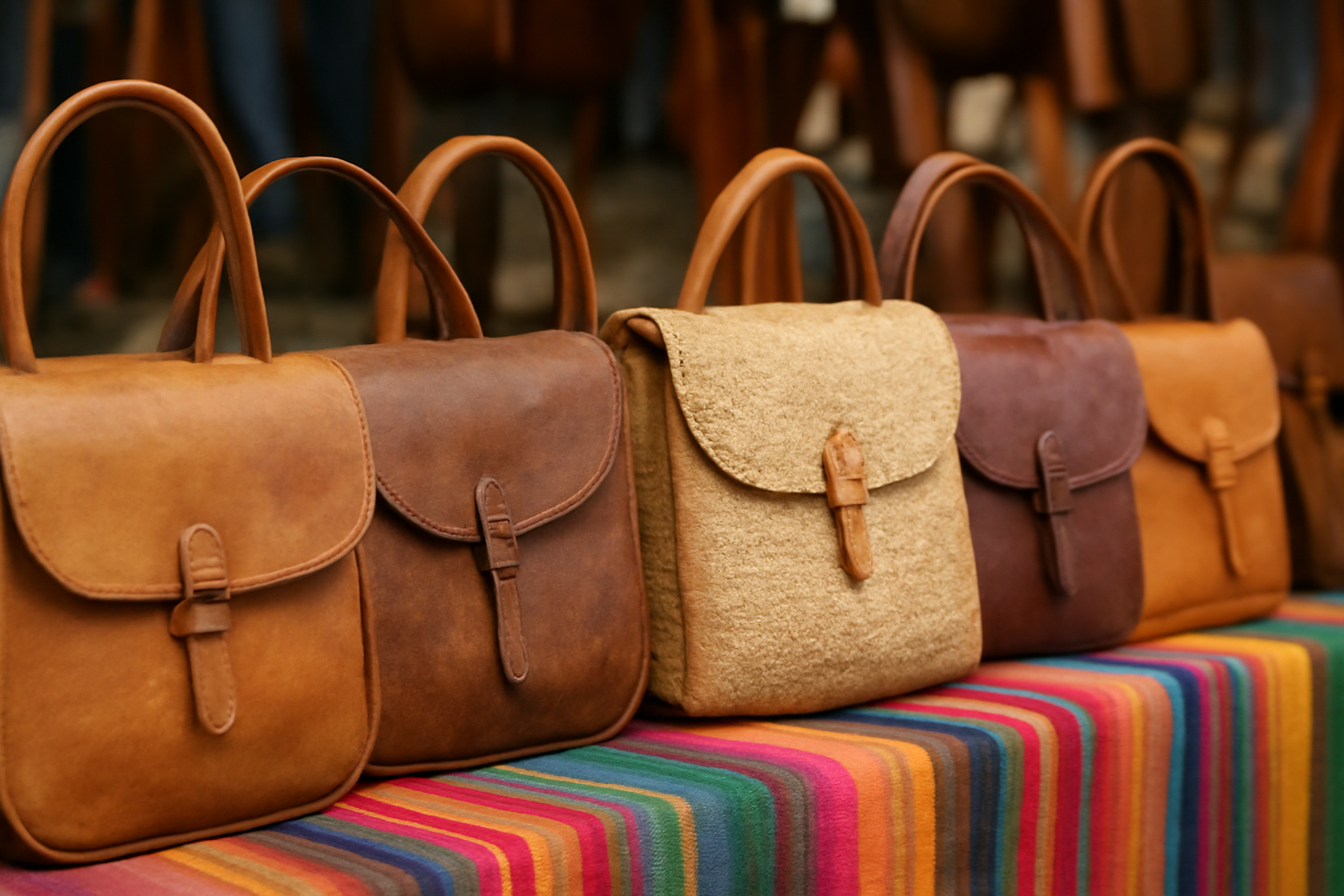 magasindemode-acheter-sacs-artisanaux-marche sacs artisanaux alignés sur étalage coloré