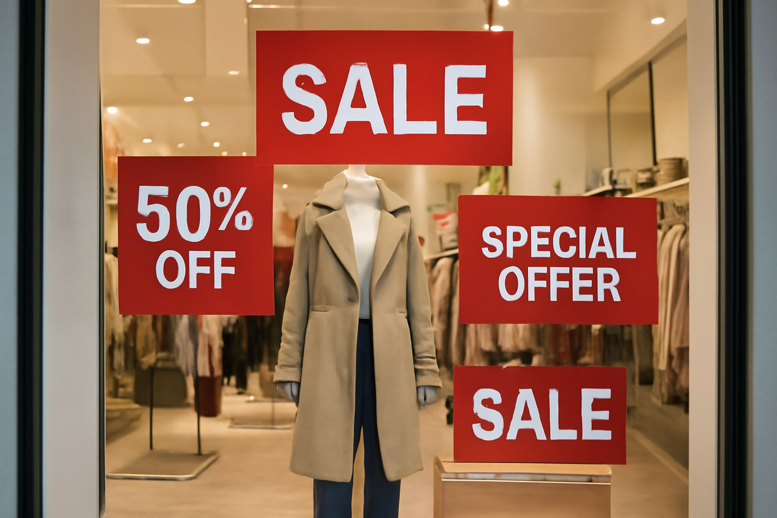 magasindemode-astuces-detection-promos-boutiques vitrine de boutique avec étiquettes promotionnelles