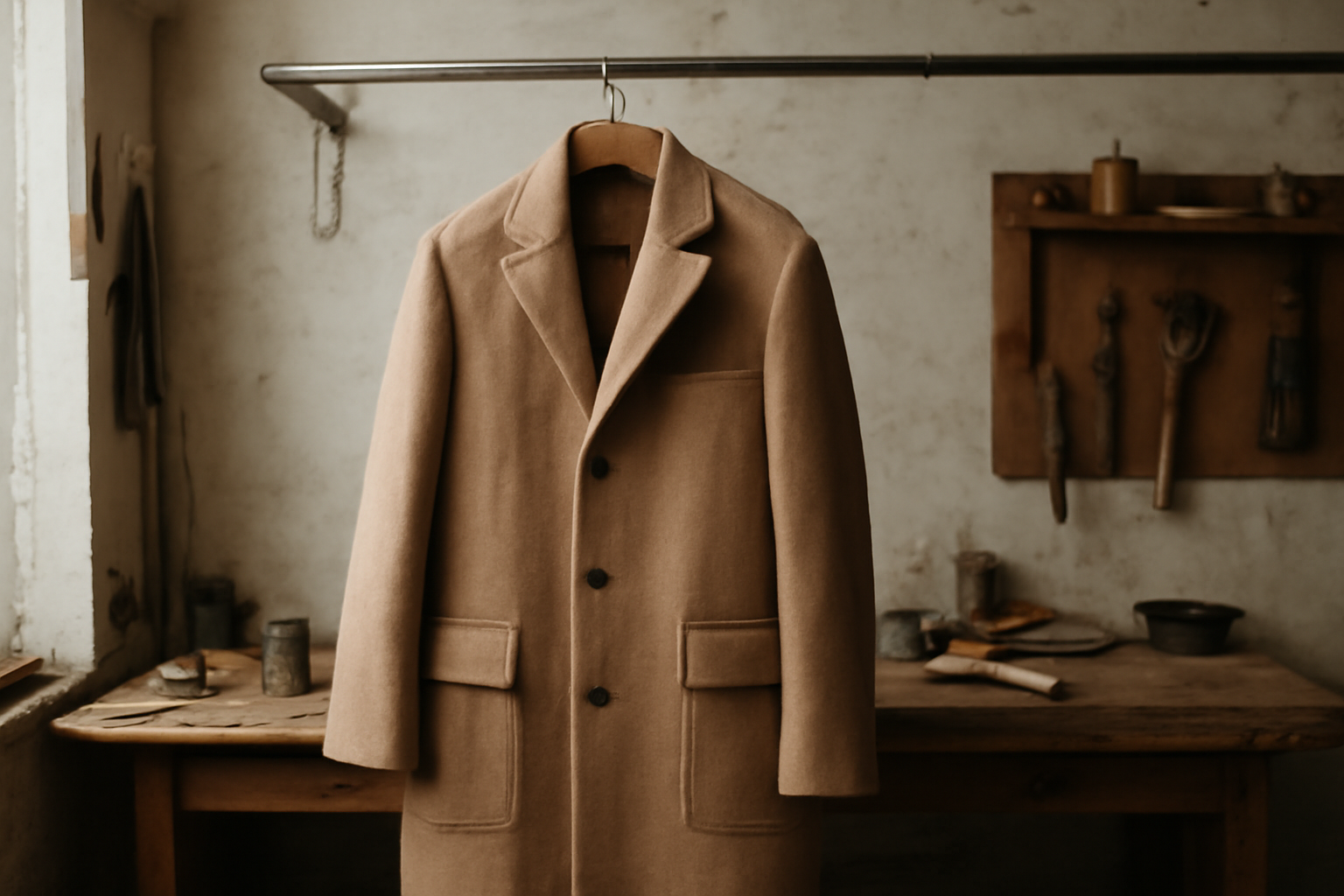 magasindemode-atelier-sombre-essayer-manteaux manteau suspendu dans petit atelier