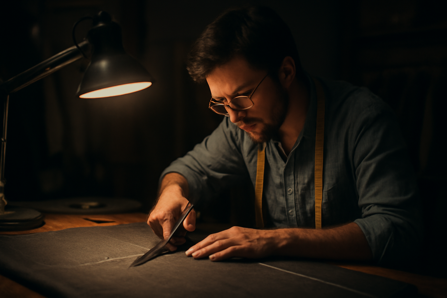 magasindemode-ateliers-retouche-soir couturier travaillant sous lampe tard le soir