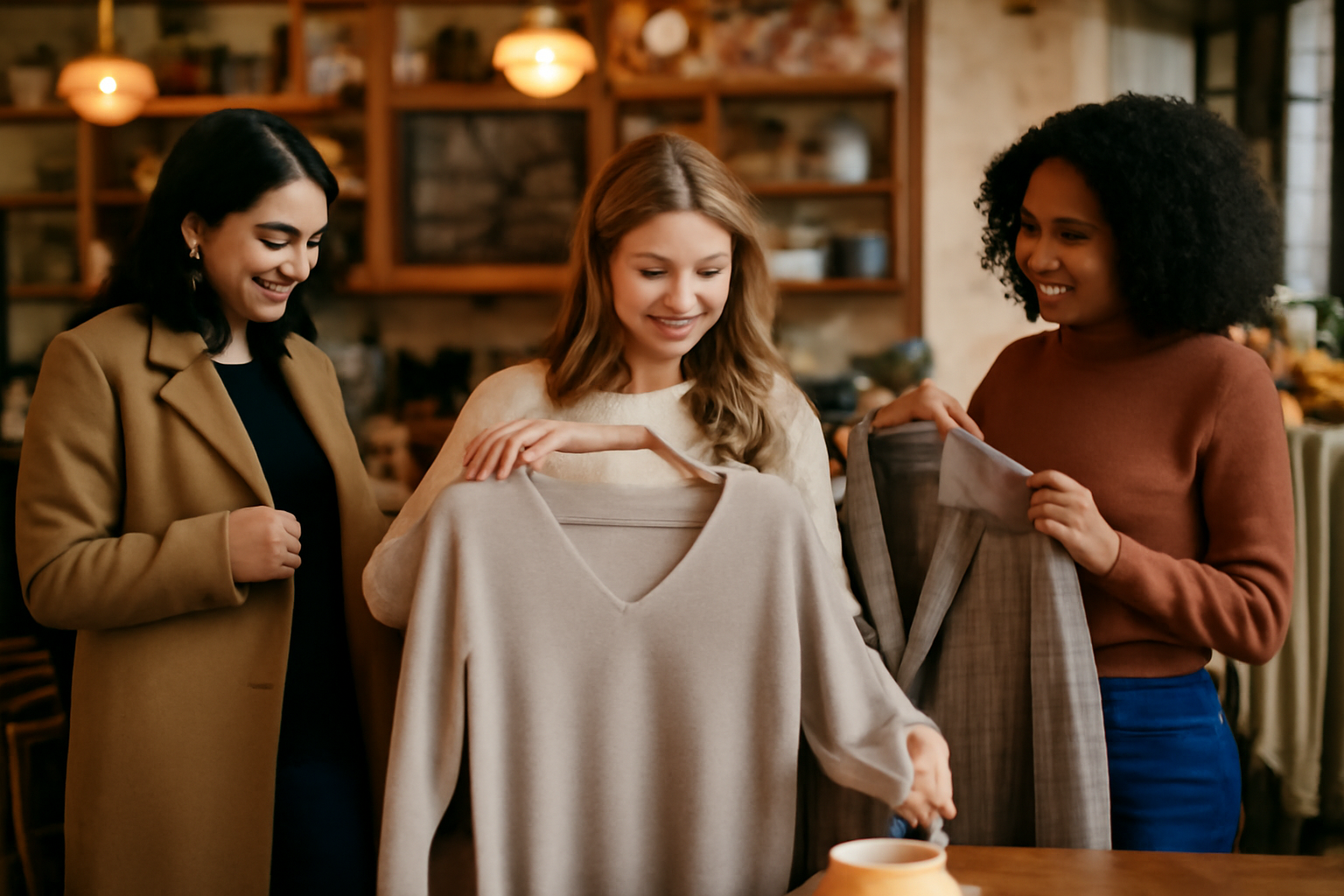 magasindemode-cafes-essayages-createurs personnes essayant vêtements dans un café chaleureux