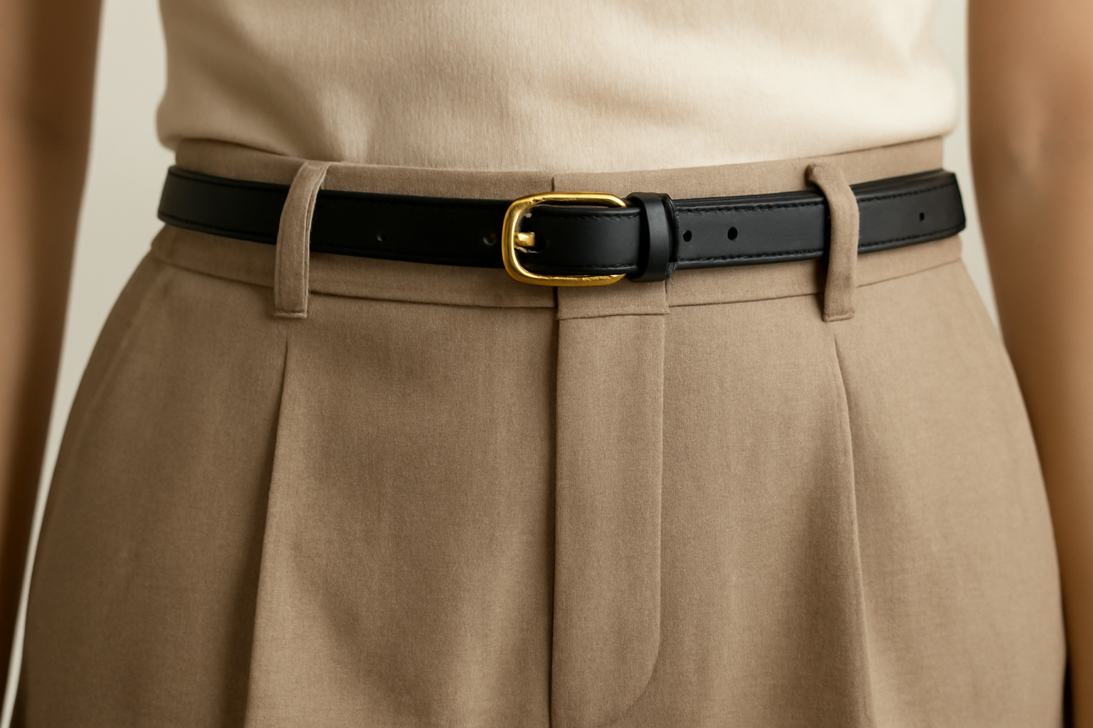 magasindemode-ceintures-allonger-silhouette ceinture fine posée sur un pantalon à taille haute