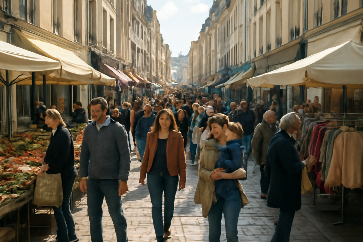 rue commerçante animée un samedi matin