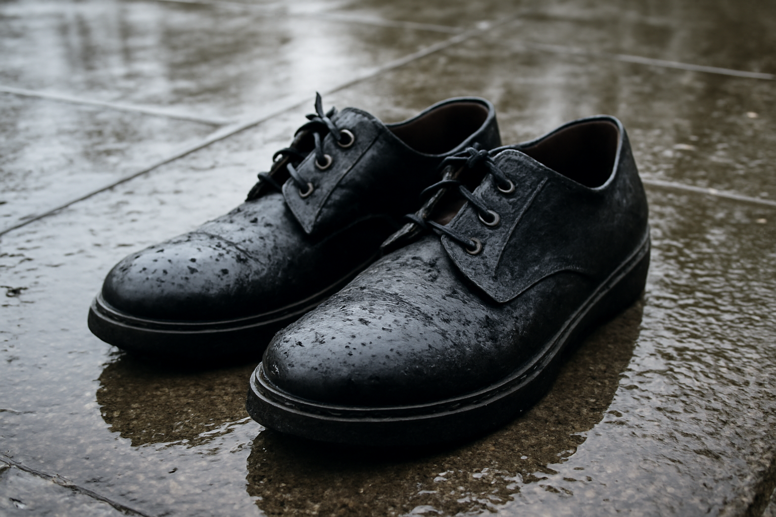 magasindemode-choisir-chaussures-impermeables-style paire de chaussures sur trottoir mouillé