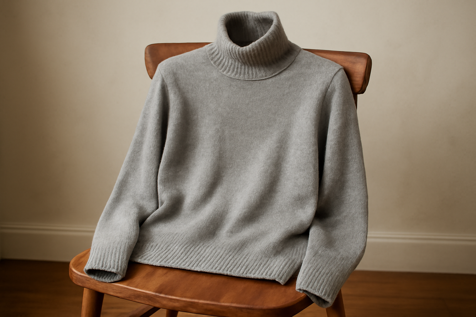 pull col roulé posé sur chaise