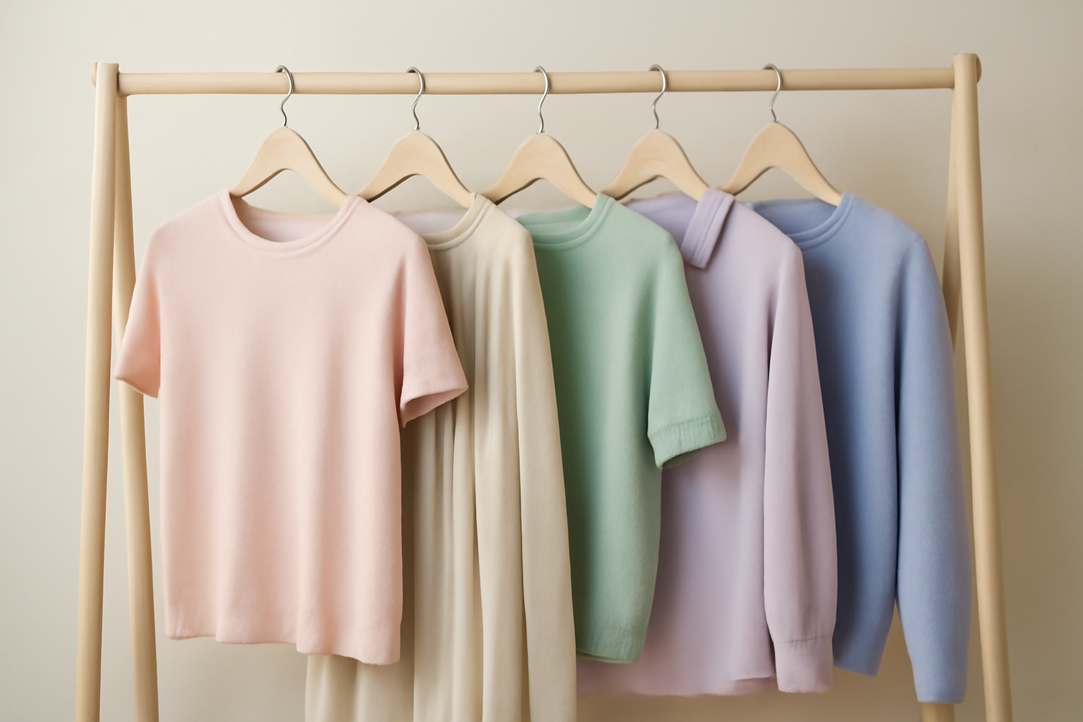 tenues aux tons pastel pendues sur un portant