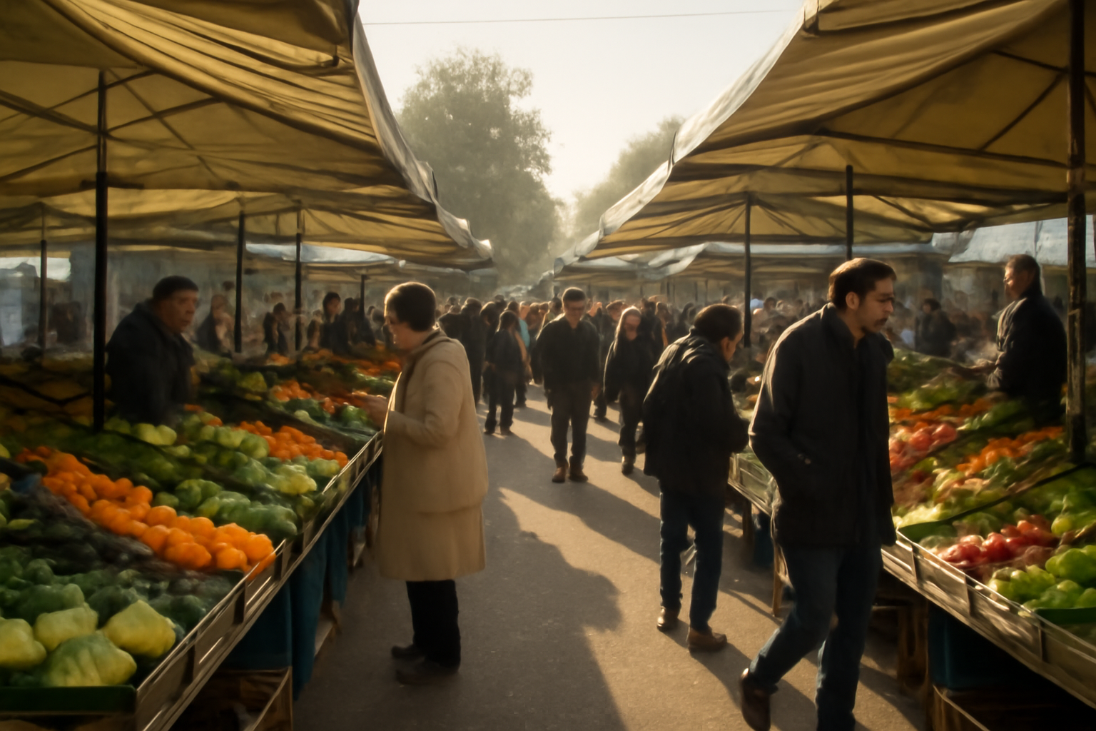 magasindemode-creneau-chiner-marche-weekend allée de marché avec étals et visiteurs matinaux