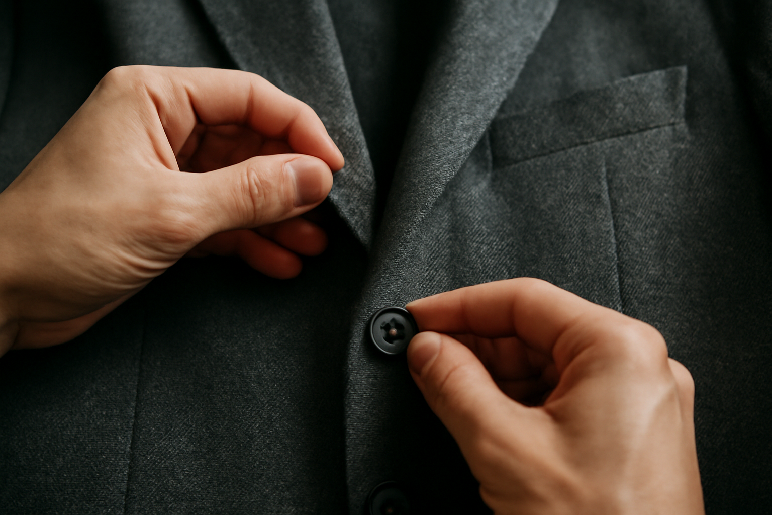 magasindemode-details-verifier-veste-occasion mains inspectant coutures et boutons d'une veste