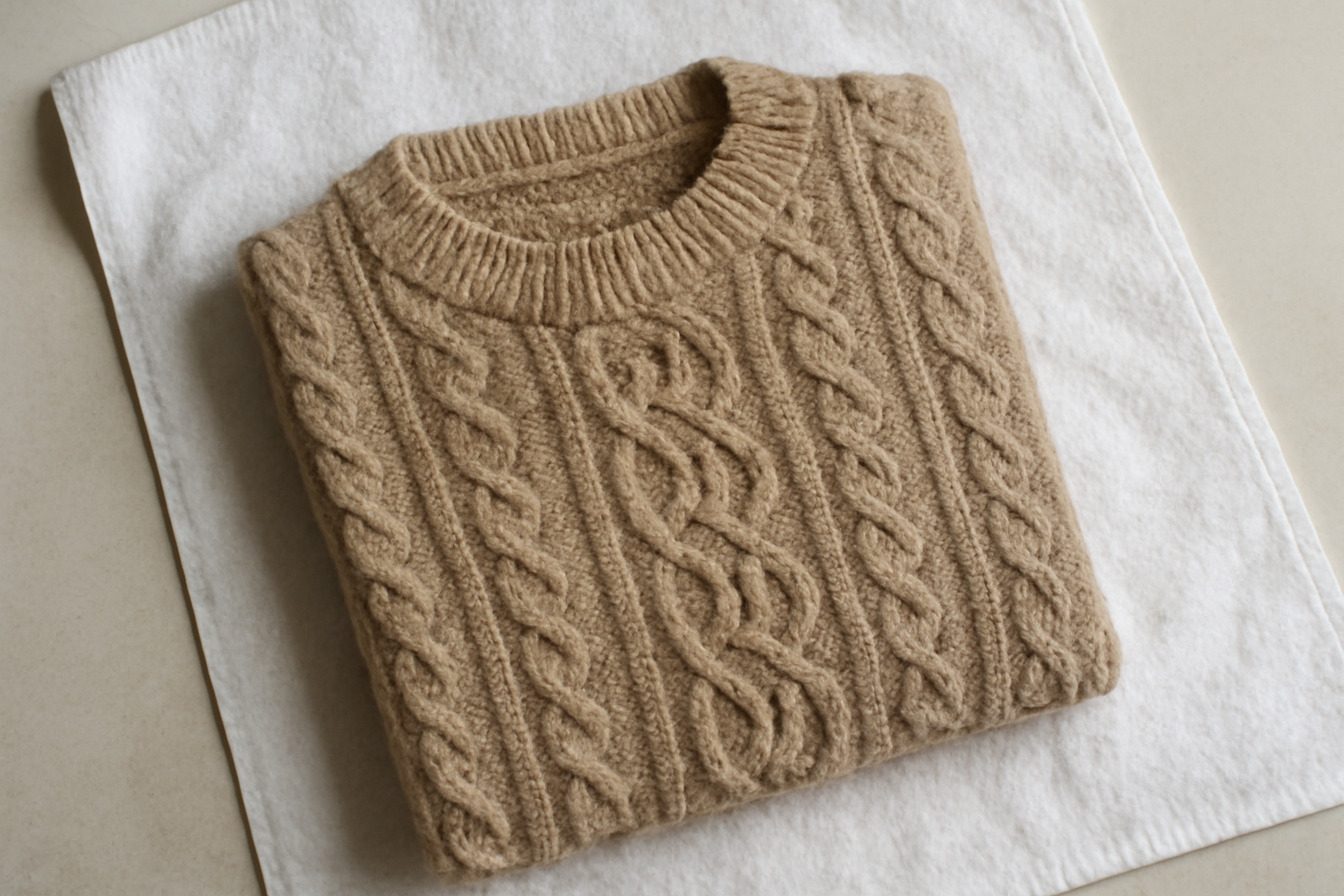 magasindemode-entretenir-pull-laine pull en laine posé sur une serviette propre