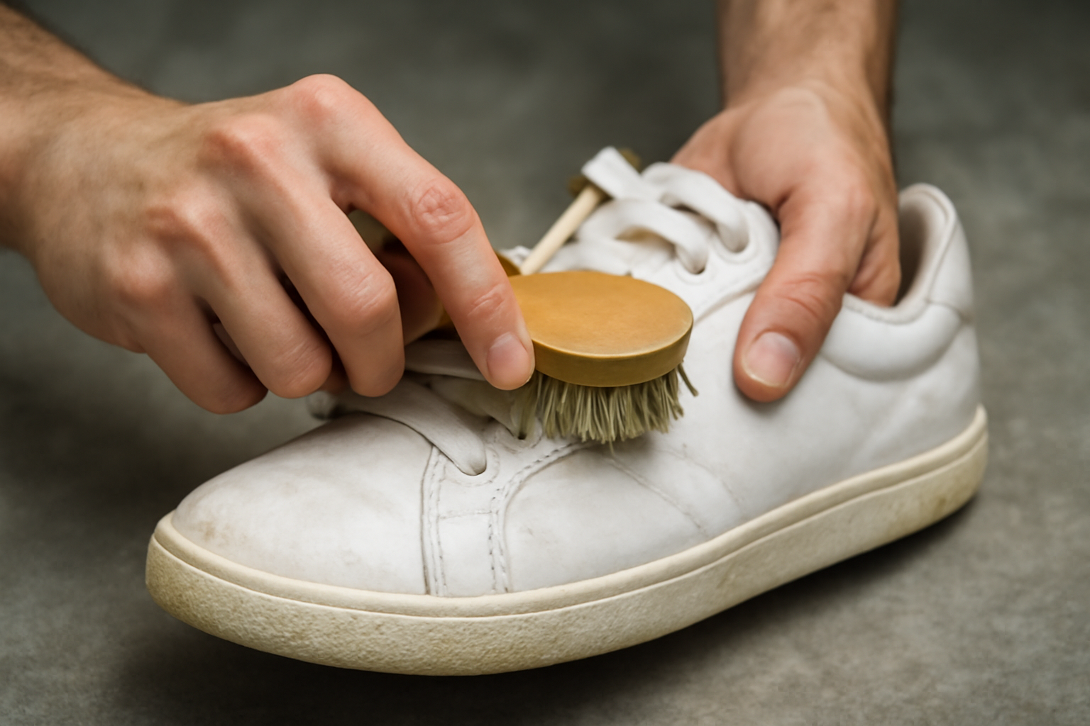 magasindemode-entretenir-sneakers-blanches mains frottant une basket blanche avec brosse